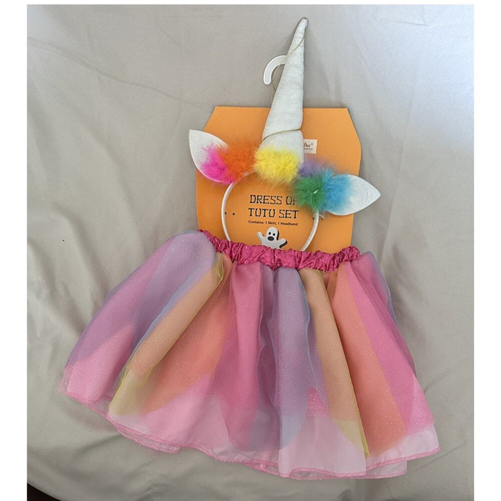 Dan Dee Kids Unicorn Rainbow Tulle Skirt & Headband Costume